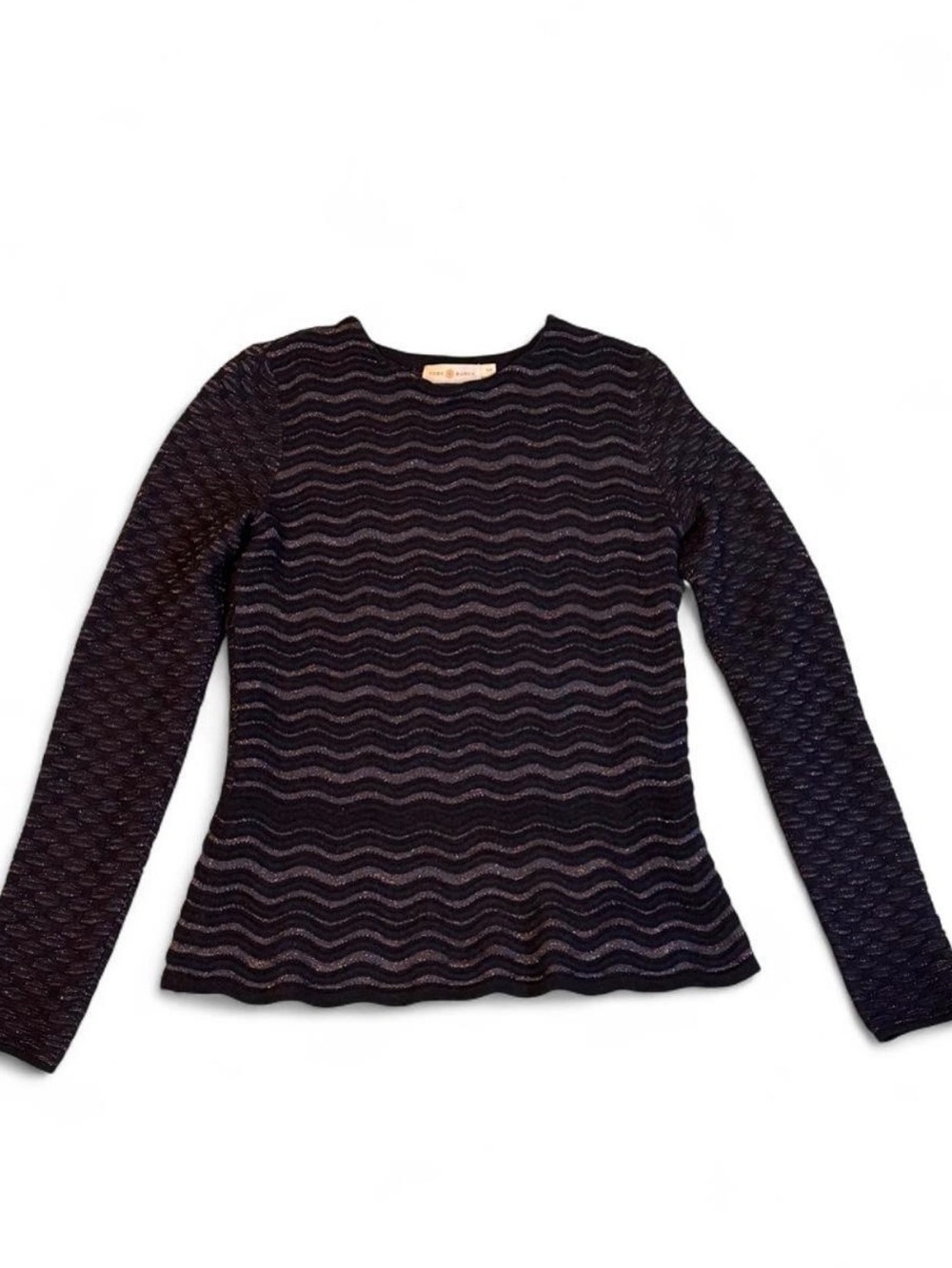 Sparkly Tory Burch navy and silver/multicolor wavy striped long sleeve sweater